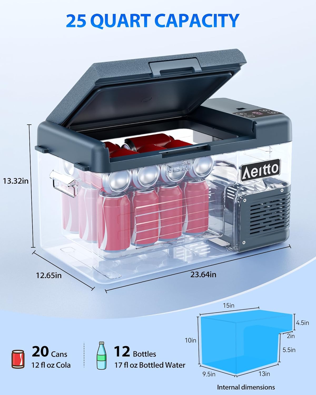 Aeitto 12 Volt Car Refrigerator 25Quart Car Fridge Freezer Electric Cooler Portable Cooler 12V Fridge RV Refrigerator -4℉-68℉ Temp Control 12/24V DC & 100-240V AC for Travel, Camping, RV, Road