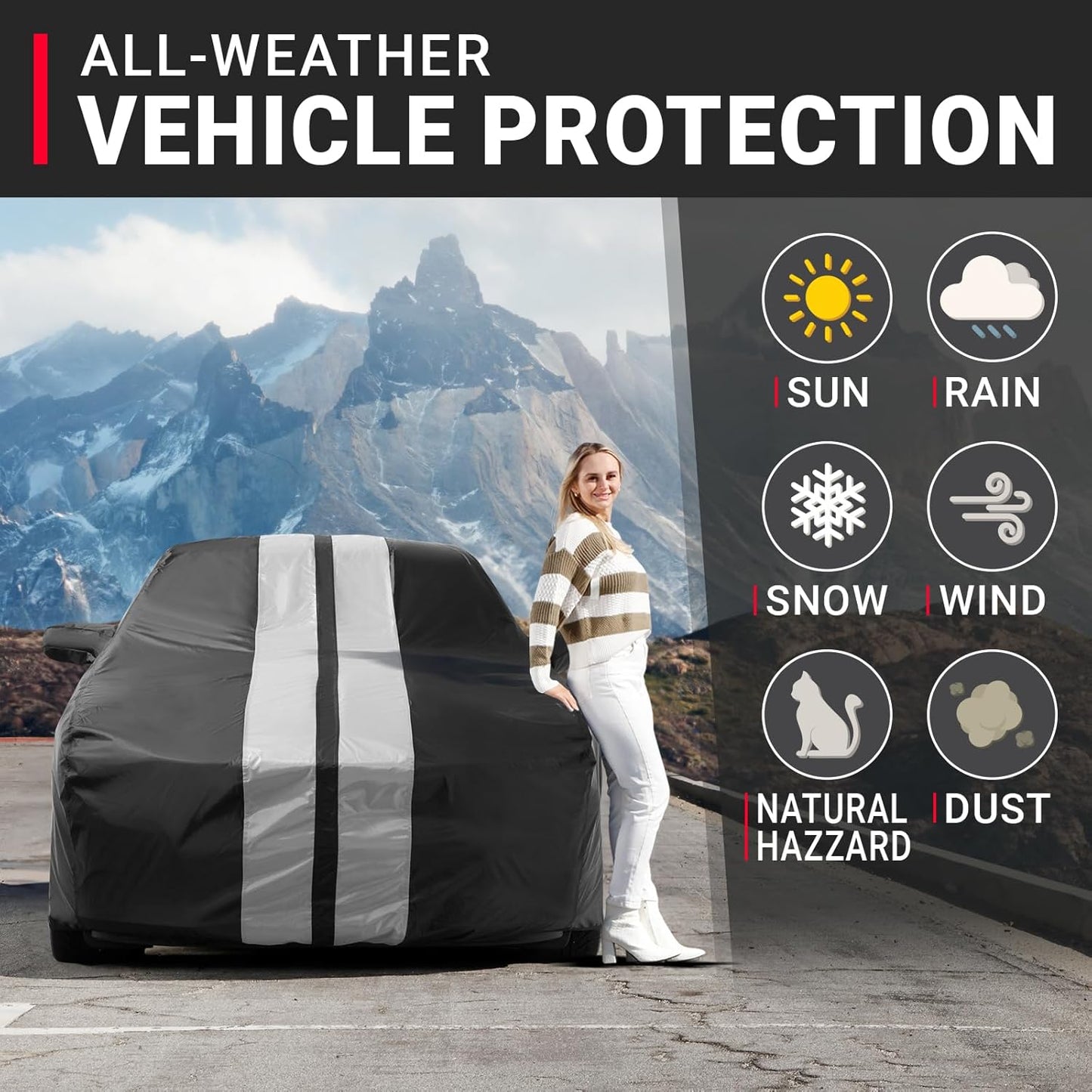 iCarCover Custom Car Cover for Pontiac 6000 2-Door, 4-Door (1982-1991) Waterproof All-Weather Rain Snow UV Sun Protector Full Exterior Indoor Outdoor Car Cover (Stripe - Black/Gray)
