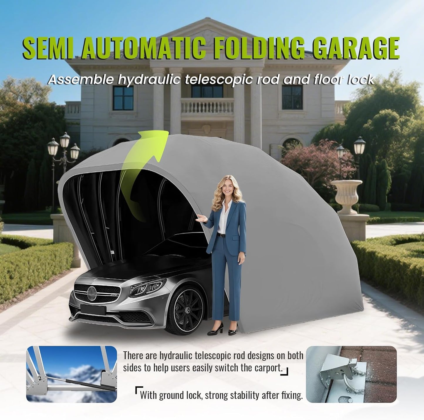 Heavy Duty Stainless Steel Carport,Semi-Automatic Carport, Retractable Car Port Awning, Portable Foldable Garage Canopy Tent for Outdoor,Lockable,Durable Shelter,Grey,18×8.2×7.5FT