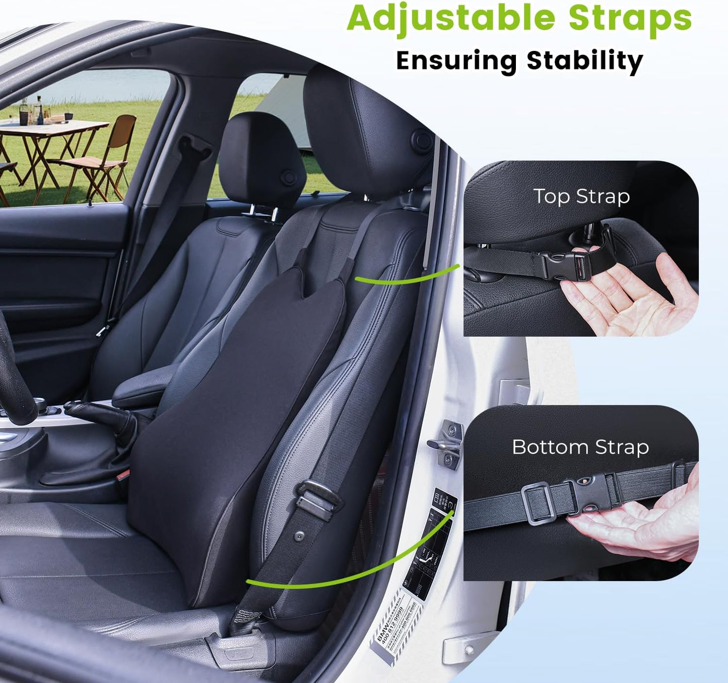 Lumbar Support Pillow for Car - Back Support for Medium to Large Vehicles - Soft Memory Foam Car Seat Cushion for Back Pain Relief - Dual Adjustable Straps Securely Fixed Car Lumbar Support -Black