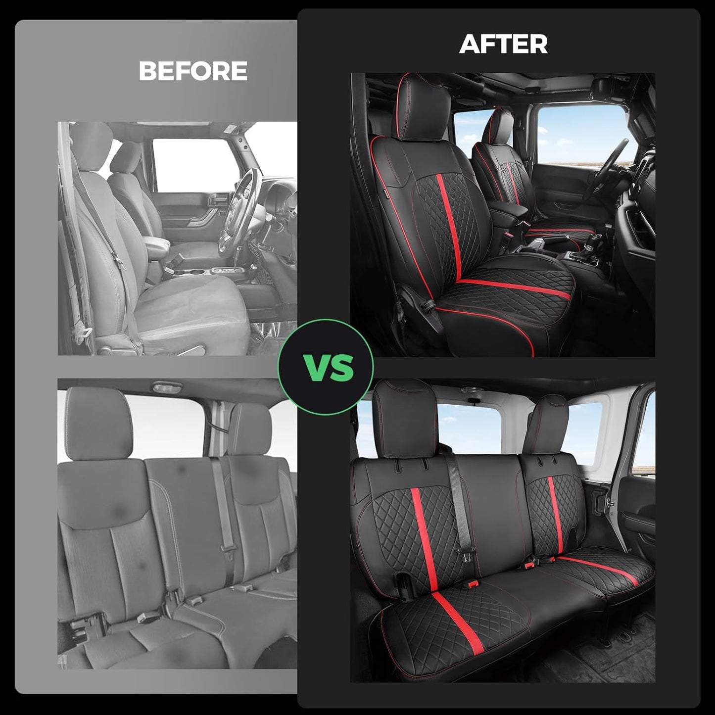 for Jeep Wrangler Seat Covers 4Door JK 2013 2014 2015 2016 2017, Custom Car Seat Cover Full Set, Luxury Leather Seat Protectors, Waterproof SUV Interior Cushions Accessories, Black Red Trim