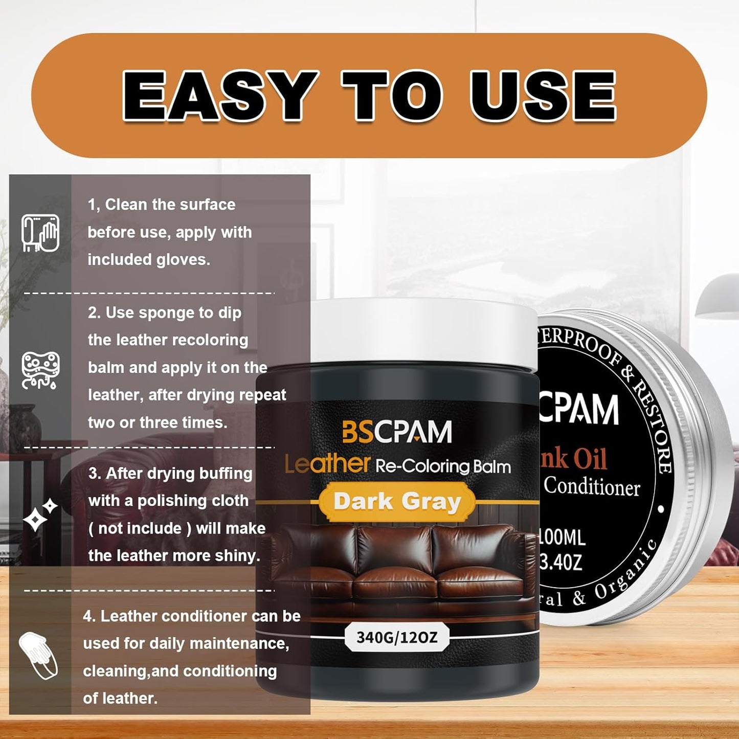 12oz Leather Recoloring Balm & 3.4oz Mink Oil Leather Conditioner kit,Dark Gray Leather Color Repair Kits for Couches, Leather Couch Paint Scratch Repair for Furniture Car Sofa Shoes Leather Dye