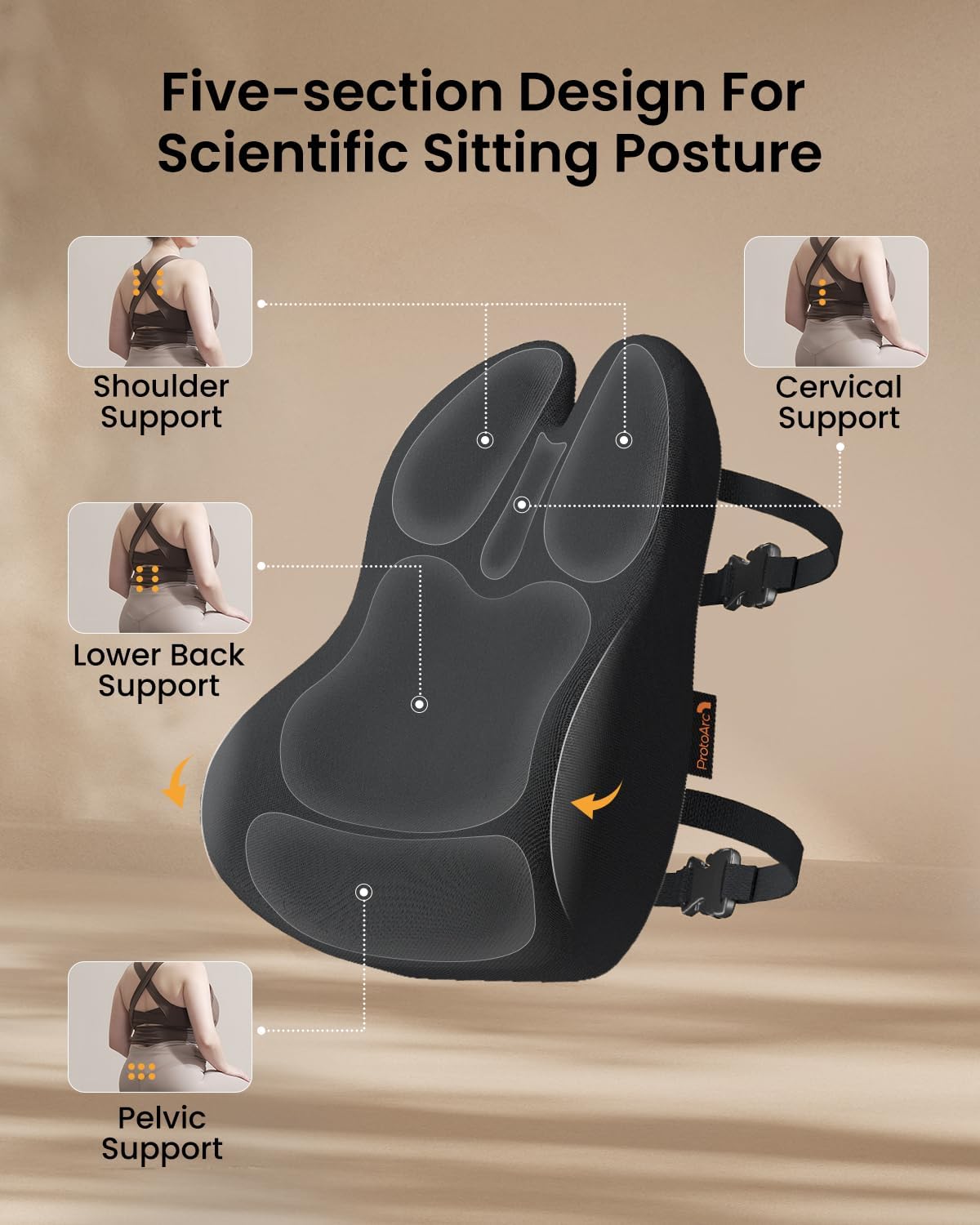 ProtoArc Lumbar Support Pillow for Office Chair, Memory Foam Back Support Pillow for Lower Back, Lumbar Cushion Desk Chair Back Cushion, Ergonomic Back Rest for Chair, Car, Home - Black