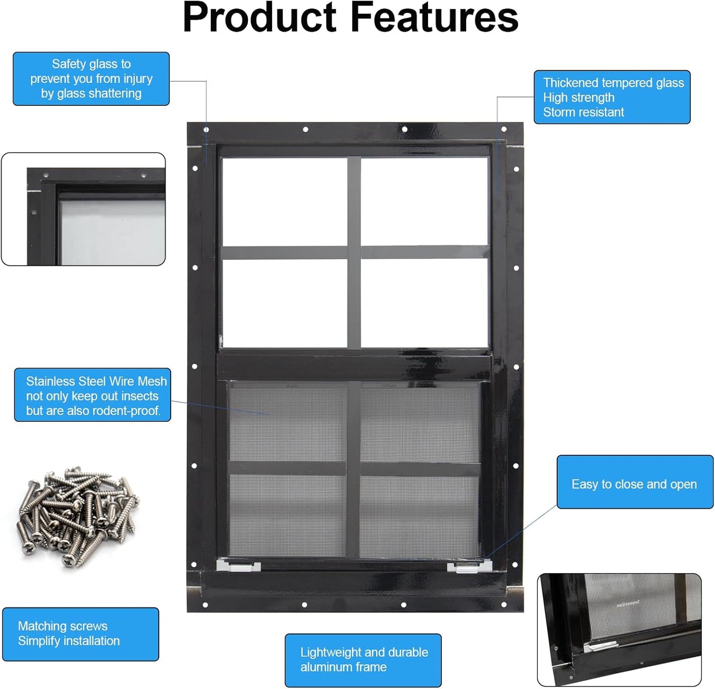 NeatiEase Upgraded Shed Windows 2 Pack, 14" x 21" Windows with Tempered Glass and Stainless Steel Screen for Shed, Chicken Coop, Playhouse, Household, Garage(Black)