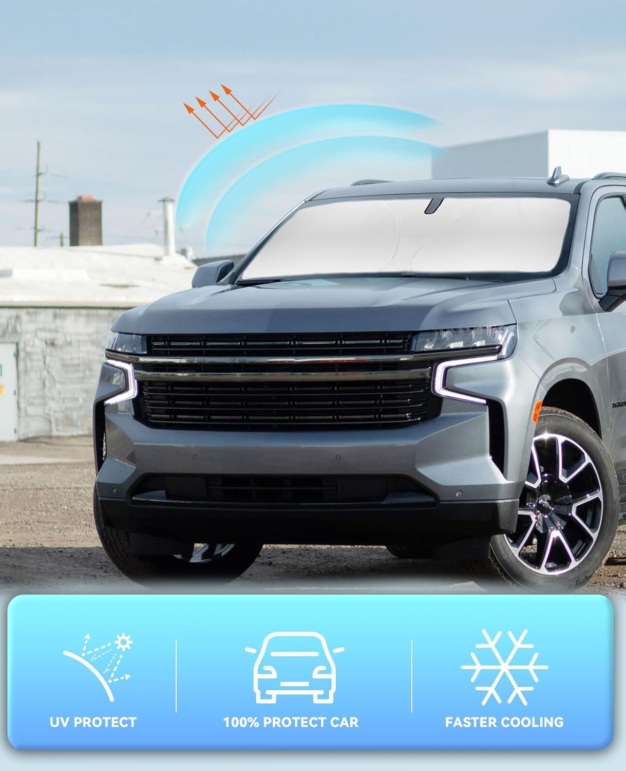 Windshield Sun Shade Car Sunshade for 2021 2022 2023 2024 2025 Chevrolet Chevy Tahoe Accessories Windshield Sun Visor Cover for Tahoe Front Window Shield Protector Block Heat UV Rays Keep Car Cooler