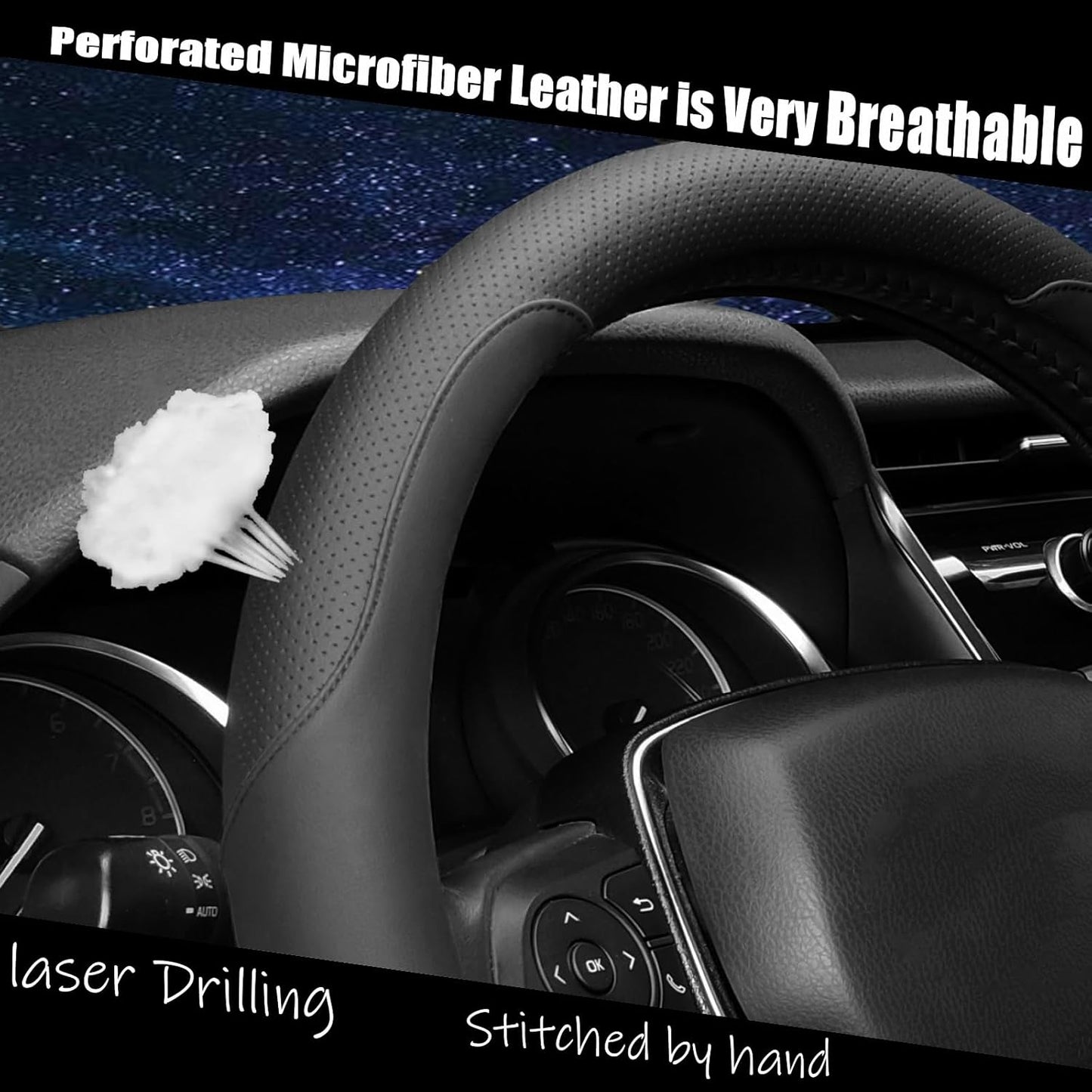 Steering Wheel Cover Standard Size Medium 14.5-15 inch, Breathable Microfiber Leather, Anti-Slip, Soft Grip, Universal Fit for Cars SUVs Trucks, Black