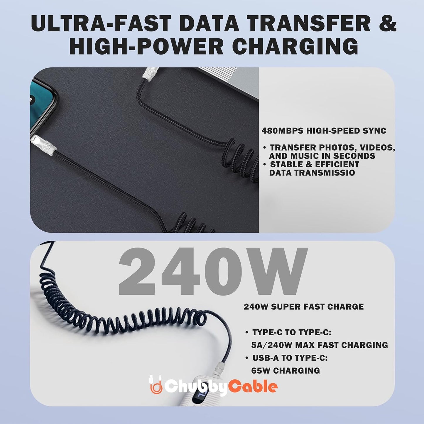 chubbycable Curly Chubby - Retractable Fast Charging Cable 240W Coiled Charger Cord for Car Durable USB-C Cable