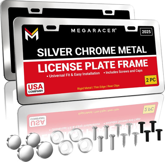 Premium Slim Polished Mirror Chrome License Plate Frames – 2 Pack, Rust-Free Stainless Steel, Rattle-Free & Street Legal Universal Fit with Screw Covers, Thin Silver Metal Front & Rear Car Tag Holders