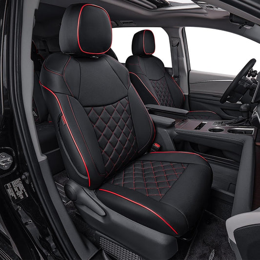EKR Sienna Seat Covers for 2011-2020 Toyota Sienna LE,XLE, SE,XLE Premium 2nd Row 4/2/4 Split,8 Seats,Waterproof Car Seat Cover Full Set,Car Seat Protectors- Three Row,Leather(Black with Red Piping)