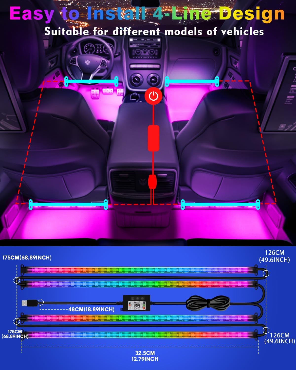 Car Led Strip Lights, RGB Truck Interior Lights with App Control, Under Dash Footwell Automotive Led Light Strip, Car Ambient Lighting (1set)