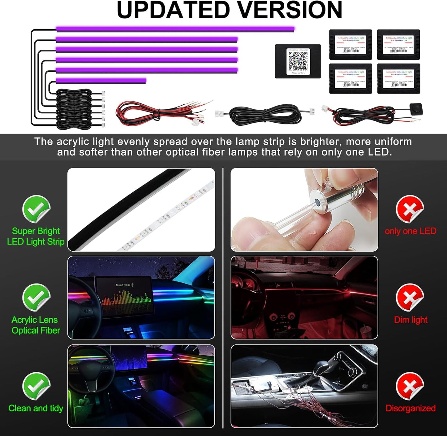 Acrylic Interior Car LED Strip Light with Wireless APP, RGB 6 in 1 with 175 inches 593 LEDs Fiber Optic Ambient Lighting Kits, 16 Million Colors Sound Active Function Car Neon Lights