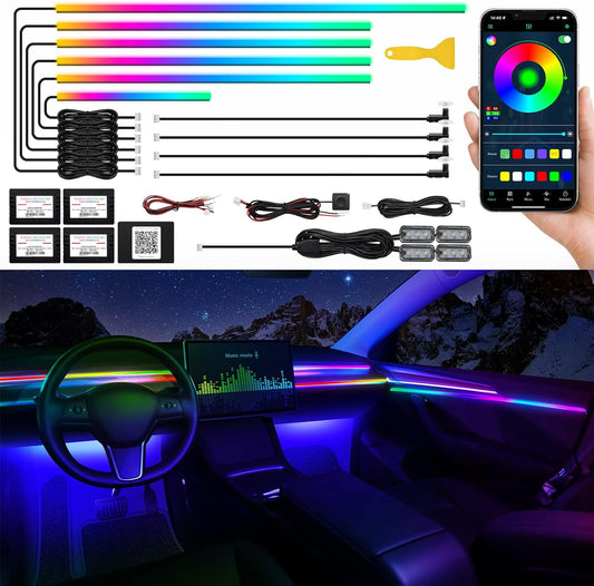 Dreamcolor Acrylic Interior Car LED Strip Light with Wireless APP, RGB 14 in 1 with 175 inches 593 LEDs Fiber Optic Ambient Lighting Kits, 16 Million Colors Sound Active Function Car Neon Lights