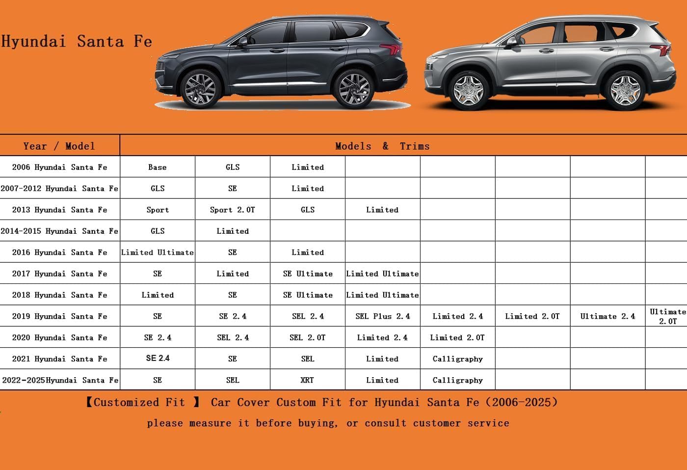 Kayme 6 Layers SUV Car Cover Custom Fit for Hyundai Santa Fe (2006-2025) Waterproof All Weather for Automobiles, Outdoor Full Cover Rain Sun UV Protection.Silver