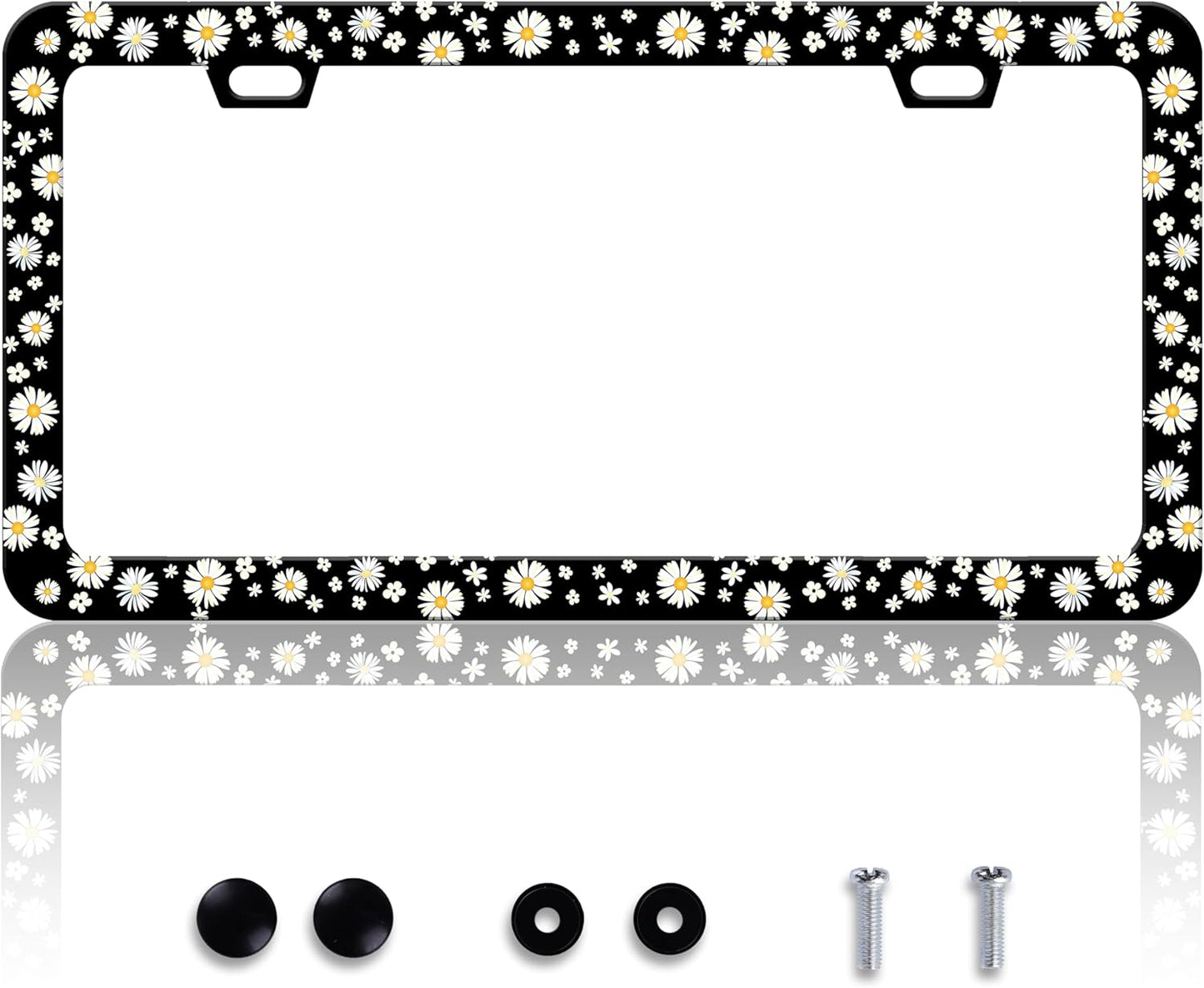 Beautiful Daisy License Plate Frame Daisies License Plate Holder Personalise Stainless Steel Funny Design Compatible with Standard License Plate Holder for USA and Canada 6 X 12 Inch with Screws