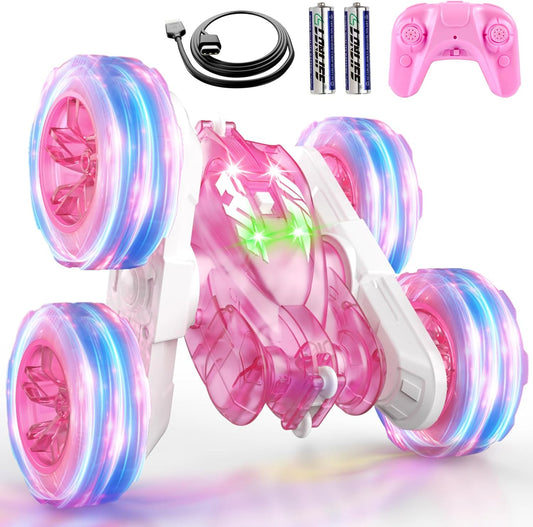 Pink Remote Control Car for Girls Rechargeable Fast Direct Charging RC Cars for Kids with Colorful Light,Double-Sided 360° Rotating RC Stunt Car 4WD RC Car Toys for Ages 5-7 Gift for Girls Aged 6-12