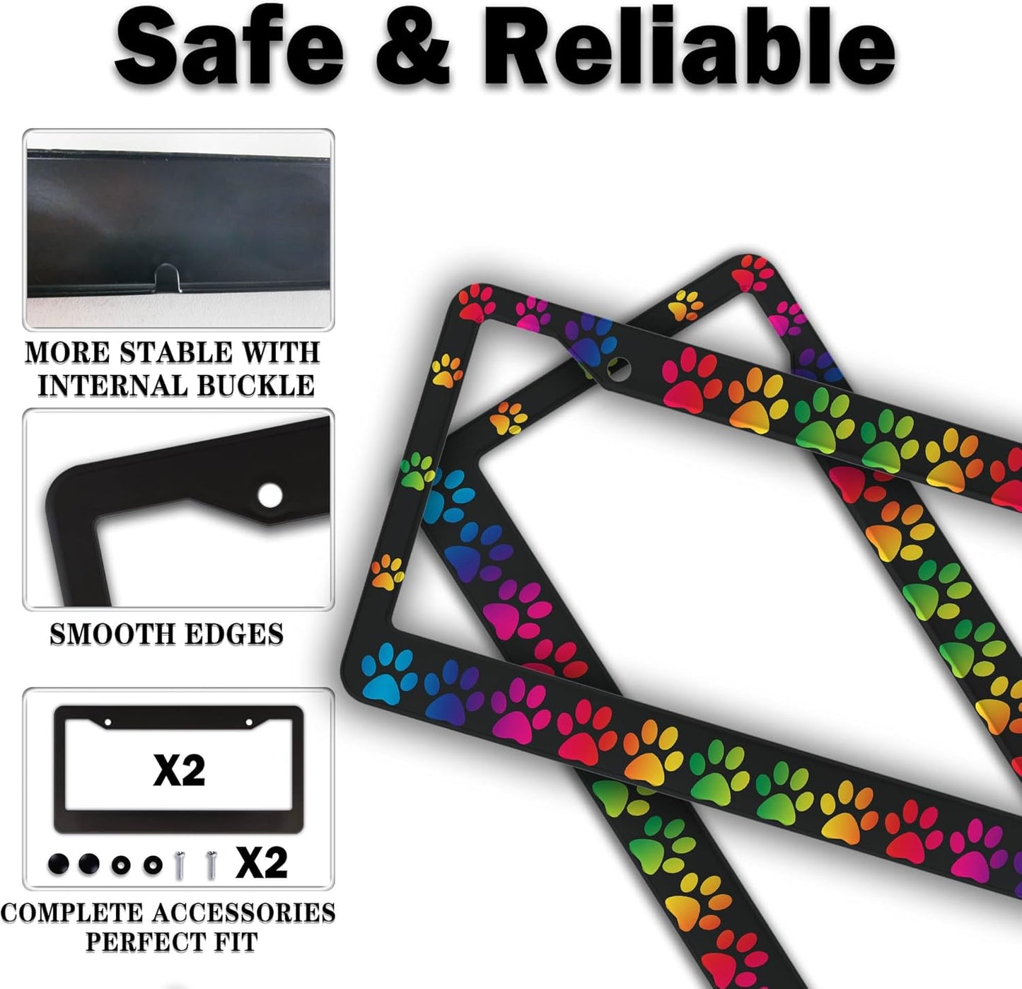 License Plate Holder Rainbow License Plate Frames Colors of The Rainbow Dog Paw Universal Aluminum Car Accessory 2 Pack with Screw Covers Set