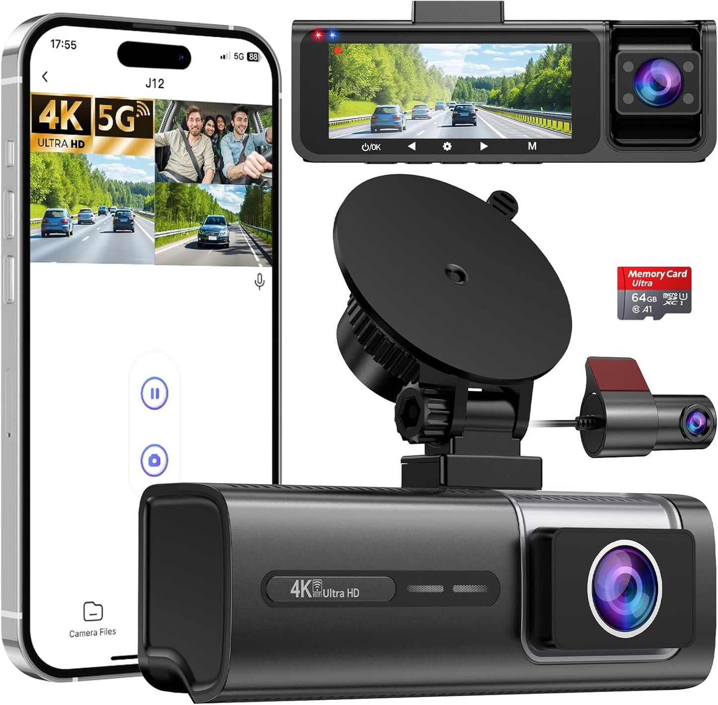 3 Channel 5G WiFi Dash Cam, 4K+1080P+1080P Dash Cam Front and Rear Inside with 64GB Card, 3.16” IPS Screen, G-Sensor, Loop Recording, Parking Monitor, 170° Wide Angle, IR Night Vision, WDR, Silver