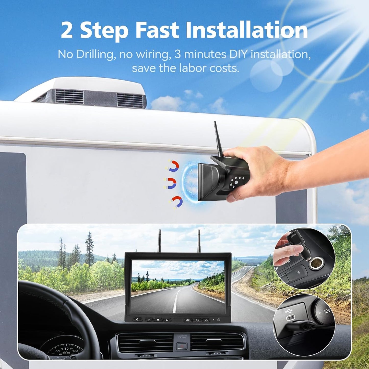 10.1" - 4 Magnetic Solar Wireless Backup Camera System, HD 1080P DVR Monitor, RV Wireless Cameras for Hitch Towing RV Camper Trailer, IR Night Vision, 4x9600mAh Rechargeable Battery, SR4