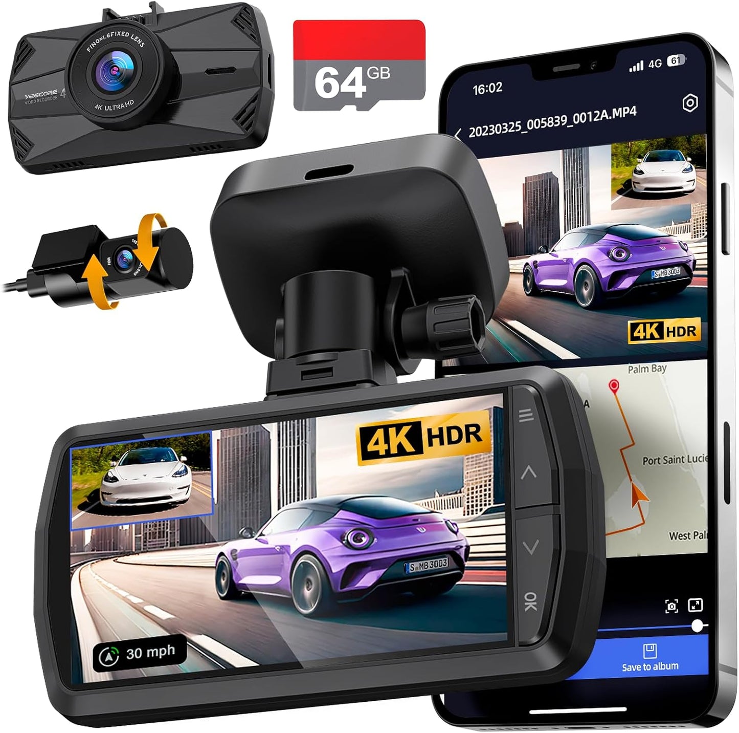 4K Dash Cam Front and Rear, Built-in WiFi GPS, 3.3"IPS Screen, HDR Night Vision Car Dash Camera, for App Control, G-Sensor, Loop Recording, Accident Record, Parking Monitor, Support 512GB Max