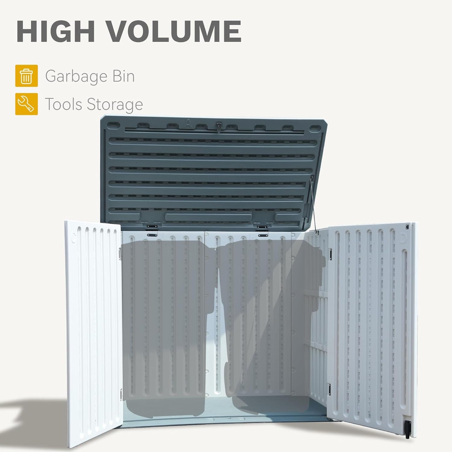 DWVO 47 cu ft Spacious Horizontal Storage Unit, Outdoor Resin Tool Locker Without Shelf, Waterproof Lockable Container with Base for Gardening, Waste Bins, Grass Cutter, 4.5x2.8x3.9 ft, Light Gray