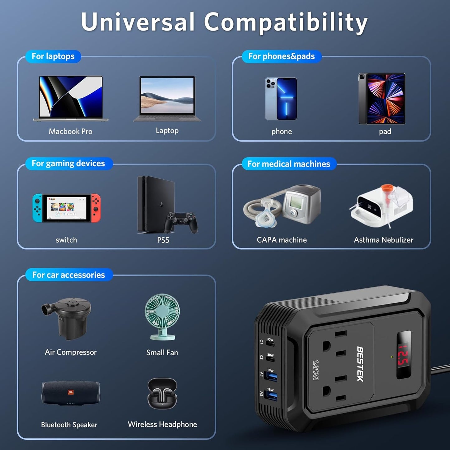 BESTEK 200W Car Power Inverter - DC 12V to 110V AC Converter with 2 USB-C(30W) and 2 USB-QC(18W) - Fast Car Charger Adapter with LCD Screen, Dual AC Adapter for Laptops (Black)