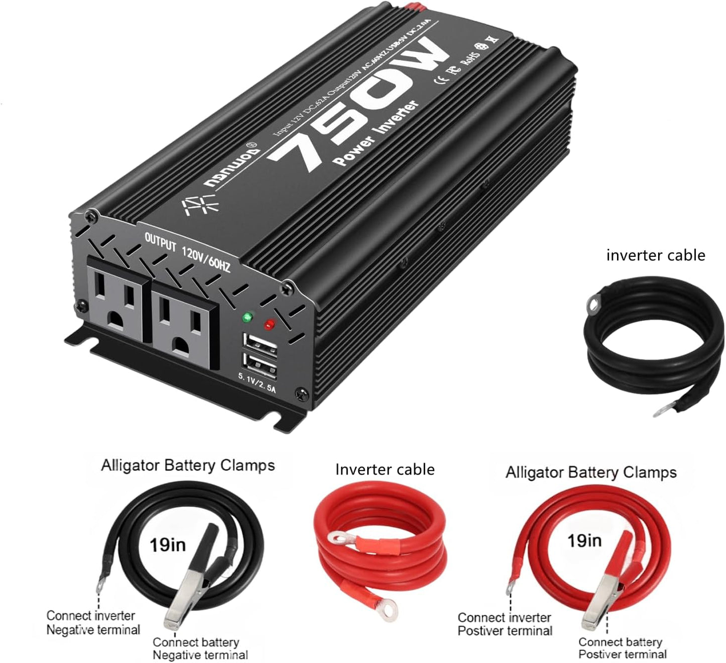 12V to 110V Inverter - 750W Car Inverter with 2 AC Outlets & 2 USB Ports for Trucks & Various Vehicles