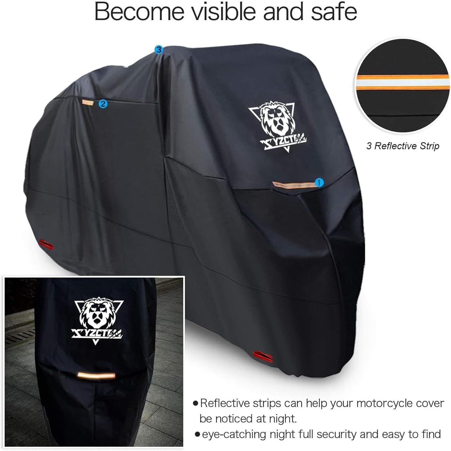 XYZCTEM Black Motorcycle Cover -Waterproof Outdoor Storage Bag,Fits up to 108" Motors,Made of Heavy Duty Material, Compatible with Harley Davison and All Motors,Professional Windproof Strap