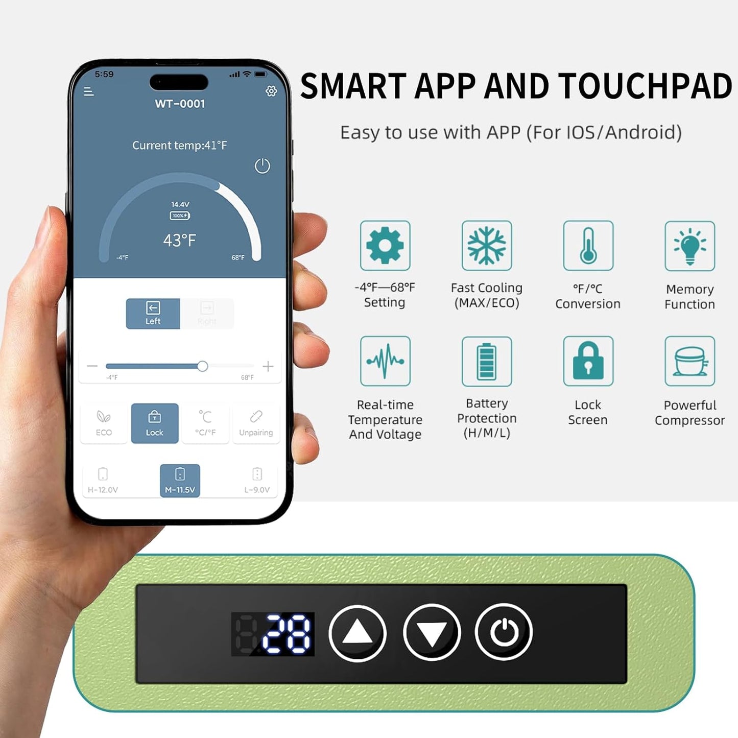 12V Car Refrigerator, 17 Quart Portable Freezer 12 Car Fridge (-4F~68F) Compressor Electric Cooler with 12/24V DC 110-240V AC, APP Control For Car Truck RV Camping, Travel Outdoor Home