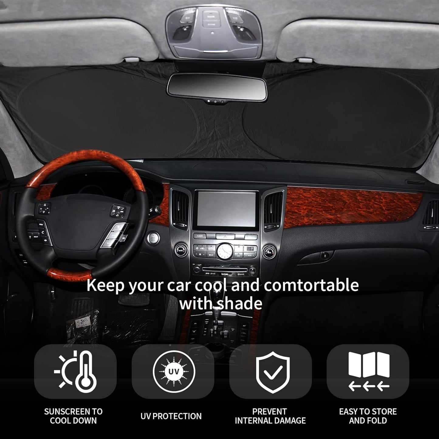 Foldable Windshield Sun Shades for 2021-2023 Nissan Frontier, Sunshade Cover Protector Custom Fit Nissan Xterra Armada Reflector Sun Visor Front Window Shade Cool Car Accessories-(61" x 33.5")