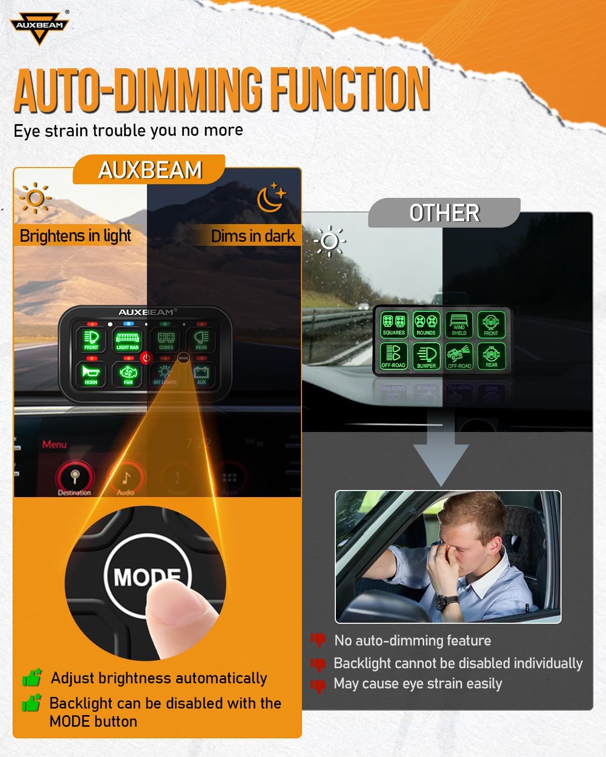 Auxbeam 8 Gang Switch Panel RA80 Auto-Dimmable RGB Switch Panel w/Momentary Toggle Pulsed, 12V-24V Automotive Aluminum Switch Panel for Truck Offroad Car Boat Waterproof, 2 Years Warranty