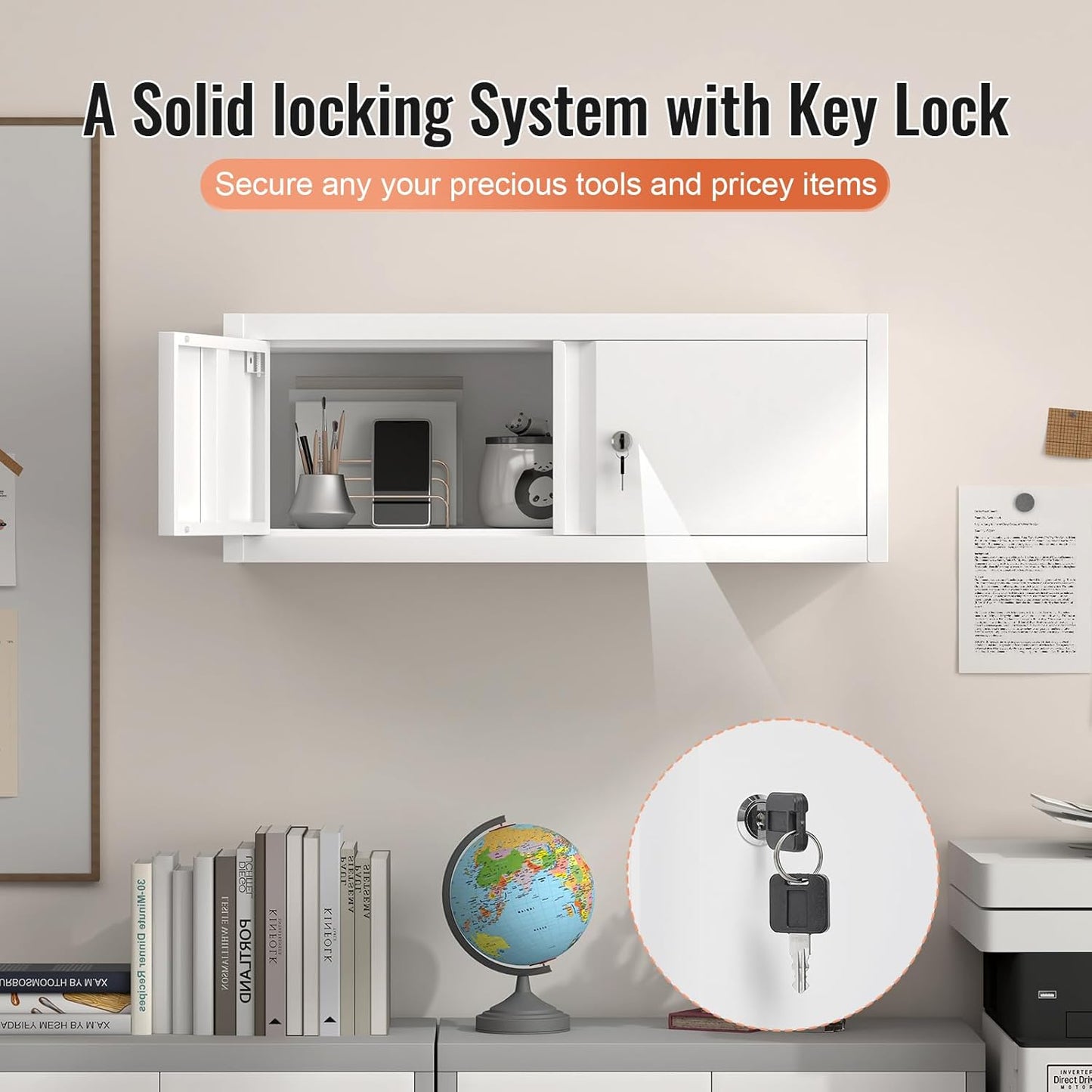 LUCYPAL Metal Storage Cabinet,Garage Wall Mounted Storage Cabinet with Locking Doors,Steel Hanging Cabinets for Home Office,Warehouse,Bathroom,Kitchen,White,12.8''H