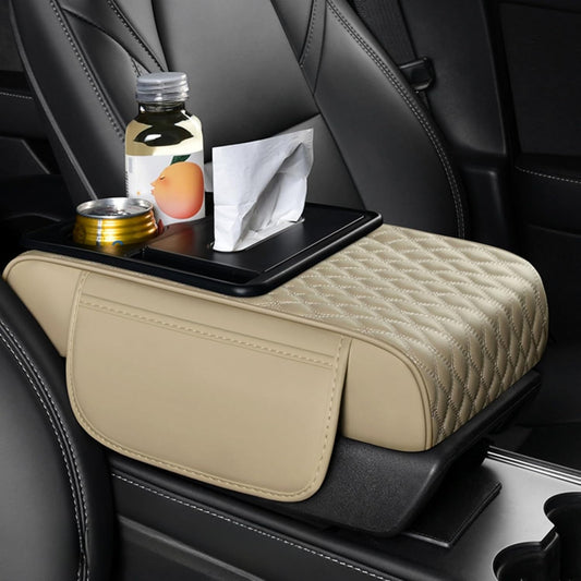 Center Console Cover Organizer, 5-In-1 Arm Rest Cover for Car with Cup Holder & Storage Pocket & Tissue Holder, Armrest Cover Cushion Pad, Water Ripples, Beige