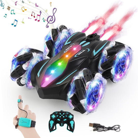 Upgraged Gesture Sensing RC Stunt Car with Lights & Music, Hand Gesture Remote Control car Toy with 360° Spins Gesture RC Spray Car Birthday Toys Gifts for 6 7 8 9 10 Year Old Boys