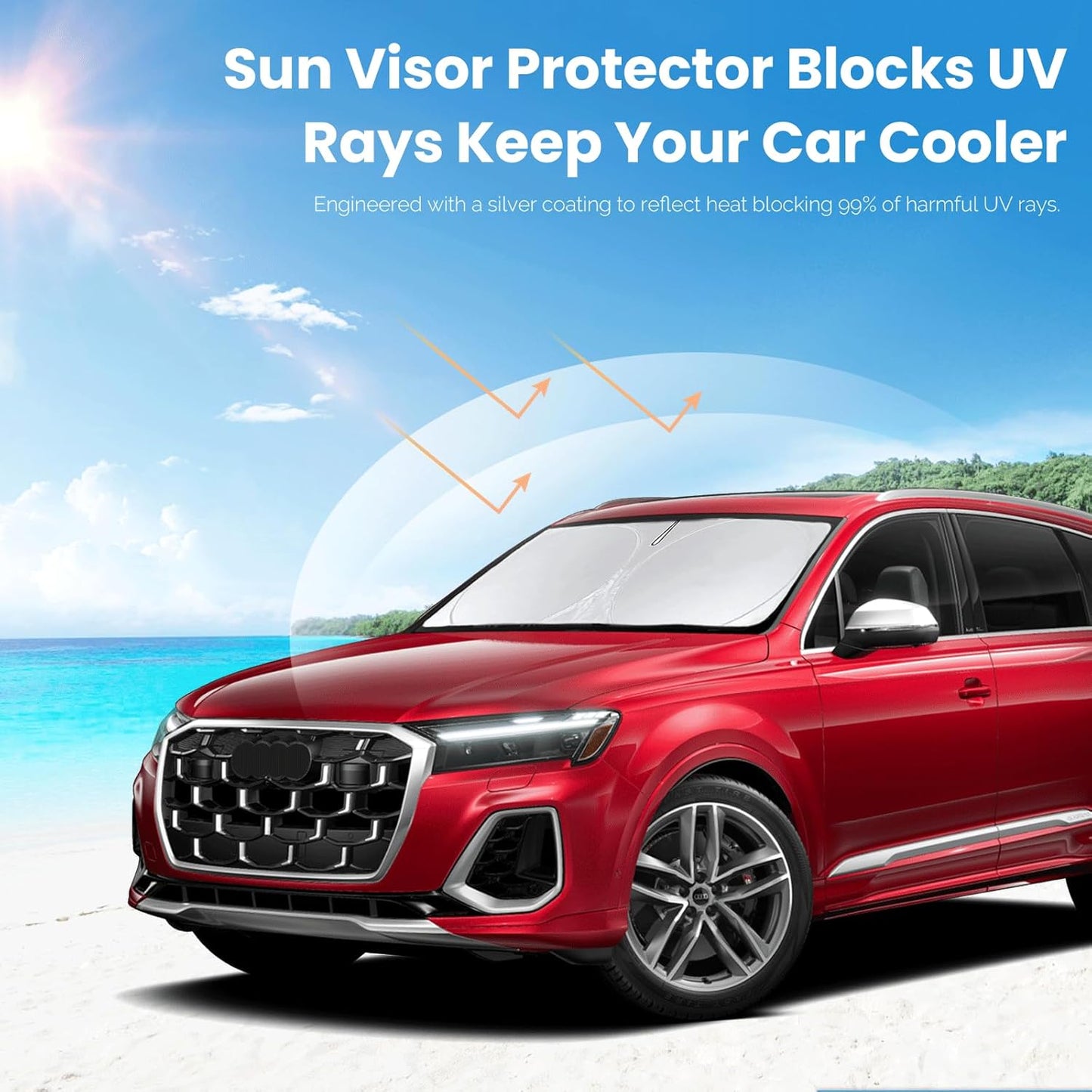 Custom fit Audi Q7 Windshield Sunshade for 2016-2023 2024 2025 2026 Audi Q7 SUV Shades Cover for Windshield Sun Visor Screen Protector 210T Reflective Blocks UV Rays Cool Car Accessories