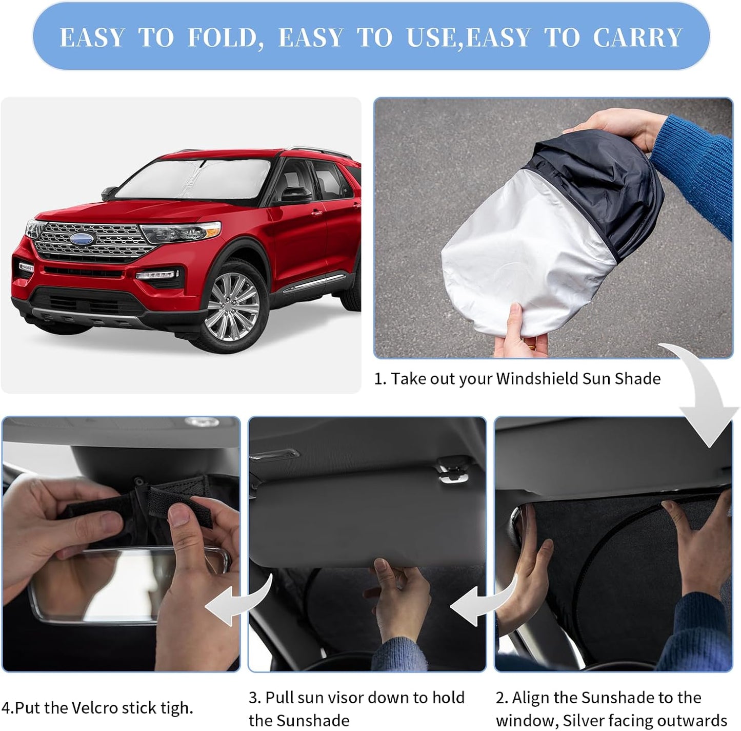 for Ford Explorer 2020-2024 2025 Sun Shade Sunshade Windshield Cover, 4-Layer Front Window Shade Custom Fit Explorer SUV ST XLT, Limited, Platinum Sun Visor 240T Shade Blocks UV Rays Car Accessories