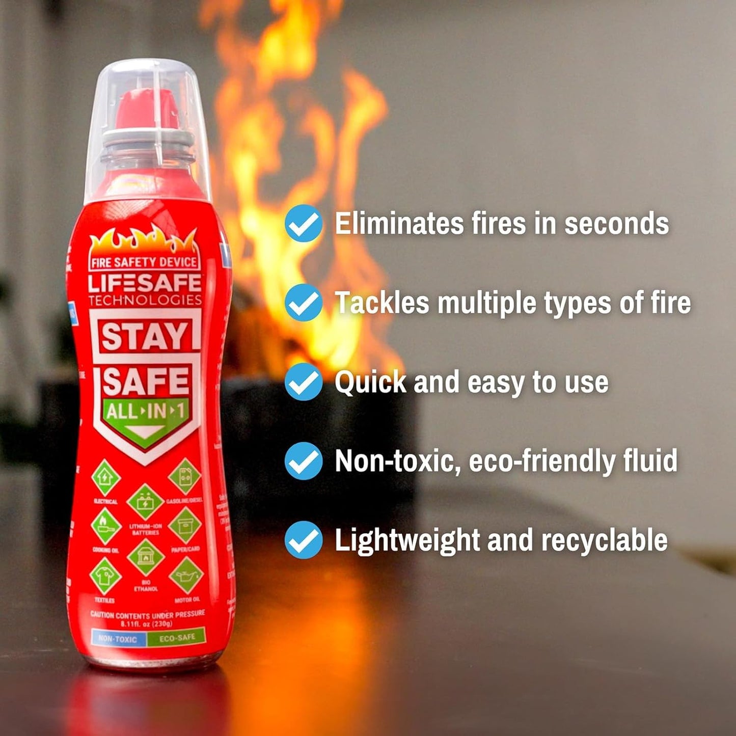 LifeSafe Technologies StaySafe All-in-1 Portable Fire Extinguishing Spray | Compact Fire Spray Smothers 10 Types of Fires | Non-Toxic, Non-Hazardous & Eco-Friendly for Home, Kitchen and Garage
