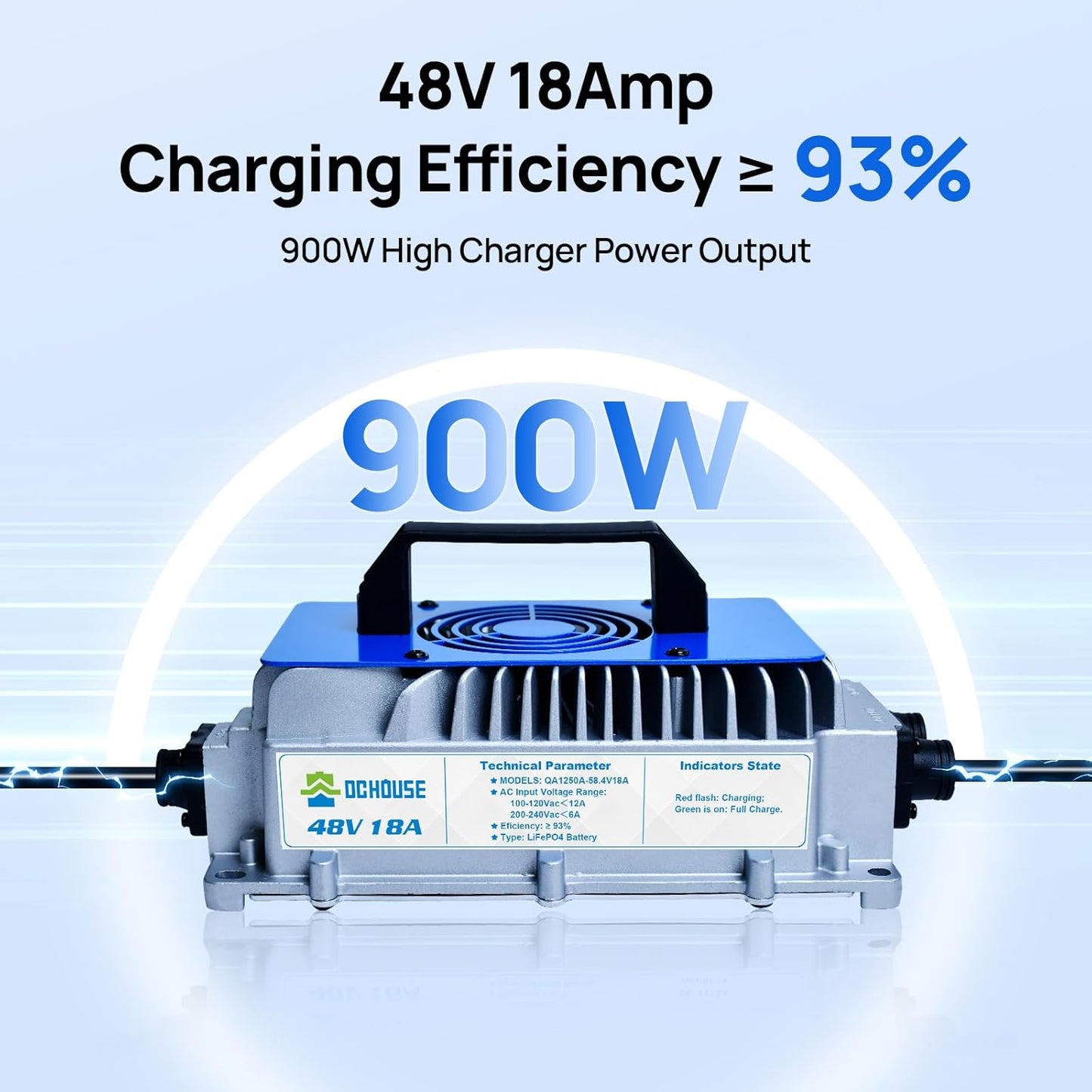 DC HOUSE 48V 18A Lithium Battery Charger, 900W Fast Charger, Charging Efficiency ≥ 93%, IP65 Waterproof Anti-Fall with Cooling Fan, Suitable for 48V Golf Cart/Forklift/Ship Lithium Battery