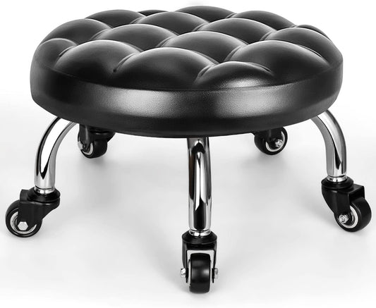 Low Rolling Stool, Low Stool with Wheels, PU Leather Low Roller Seat Stool Chair, Rolling Seat Stool for Home Office Garage Shop (Style 1)