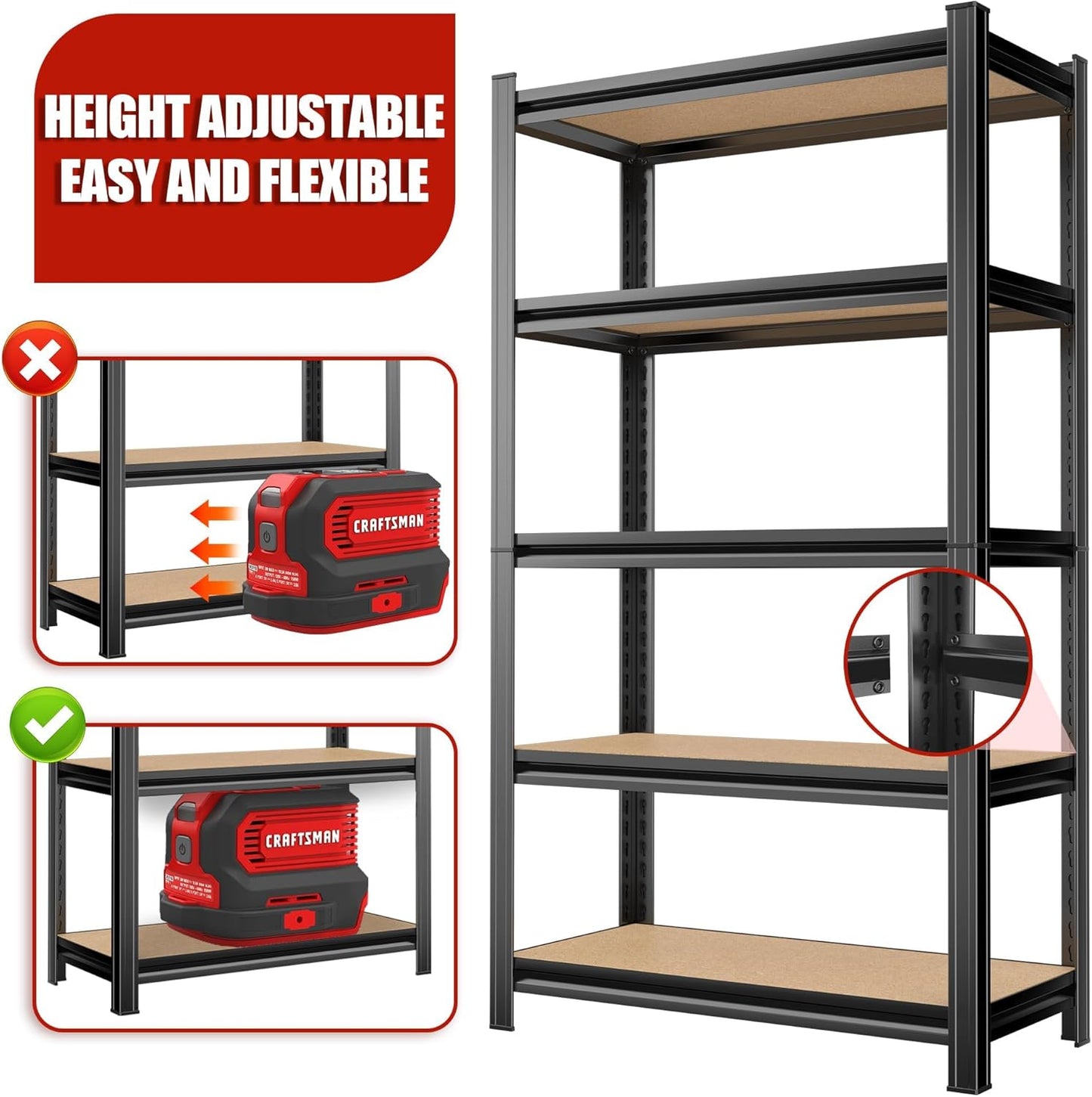 Garage Shelving Unit, 2550Lbs Heavy Duty 5-Tier Metal & Wood Adjustable Storage Rack, Black, 72”H x 35.4”W x 15.8”D, for Garage, Basement, Warehouse, Utility Storage