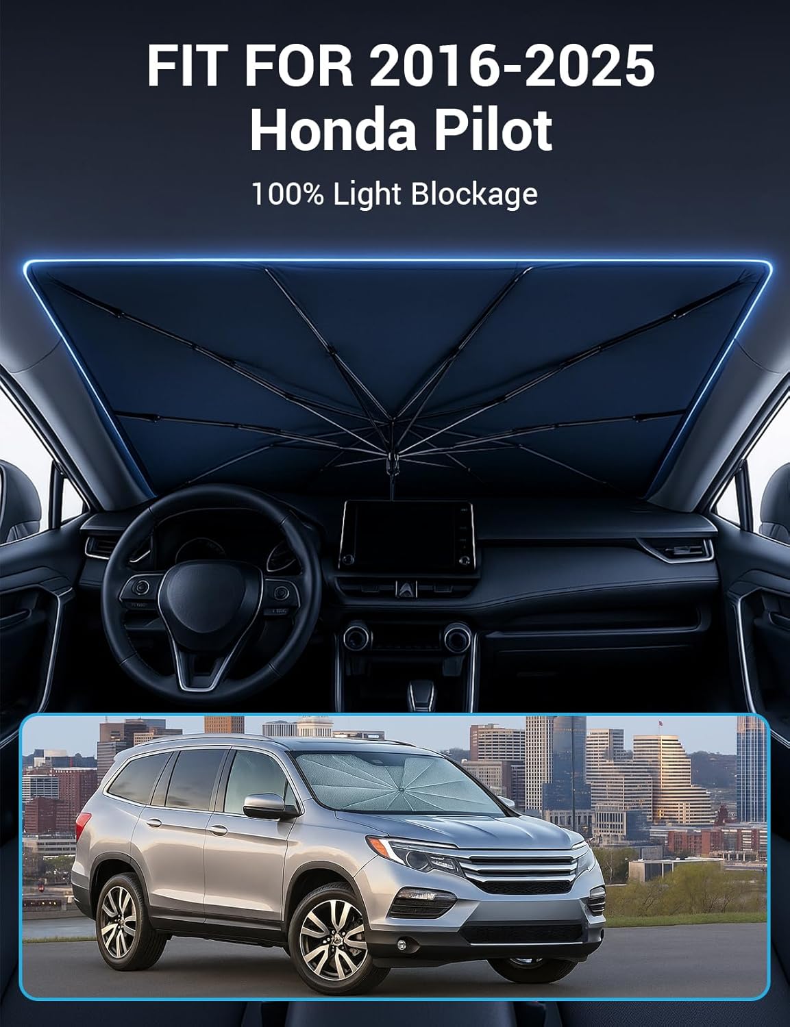 Proadsy Windshield Sun Shade Umbrella for Honda Pilot 2016-2025 2026 Foldable Car Umbrella Sunshade with Soft TPU Handle Spring Structure Crystal Cooling Material Protect Car from Rays & Heat