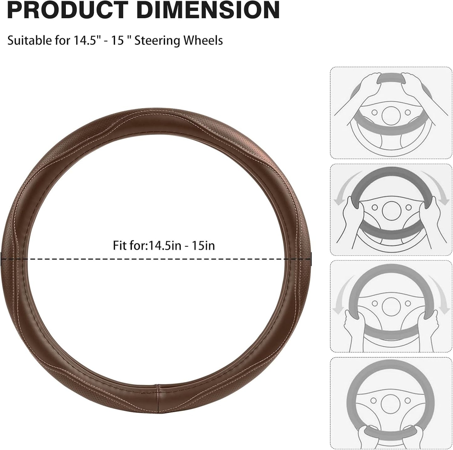 High-Grade Brown Genuine Leather Steering Wheel Cover for Men Women，Real Cowhide Leather Steering Wheel Cover for Cars,Universal 14.5-15 inch Steering Wheels