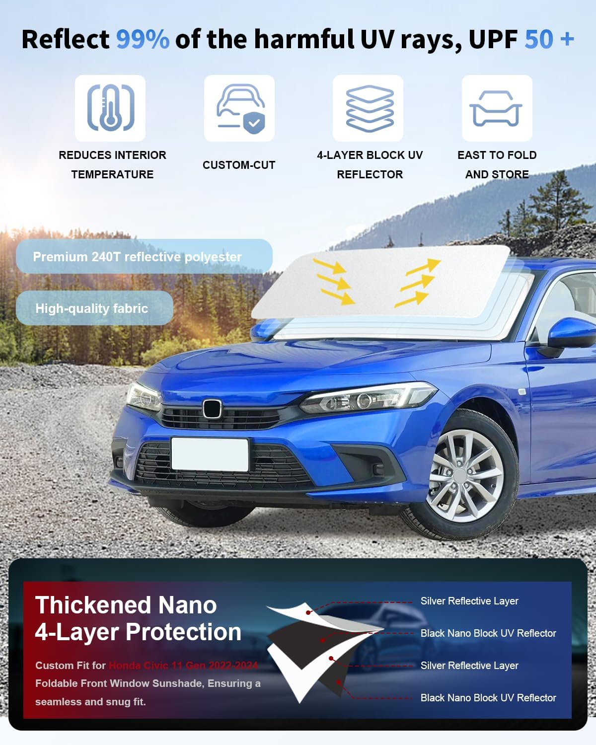 for Civic 2026 2025 2024 2023 2022 Windshield Sun Shade Custom Fit Honda Civic Sedan, LX, EX, EX-L, Touring Sun Visor Front Window Sunshade 4-Layer 240T Upgrade Foldable Cover Car Interior Accessories