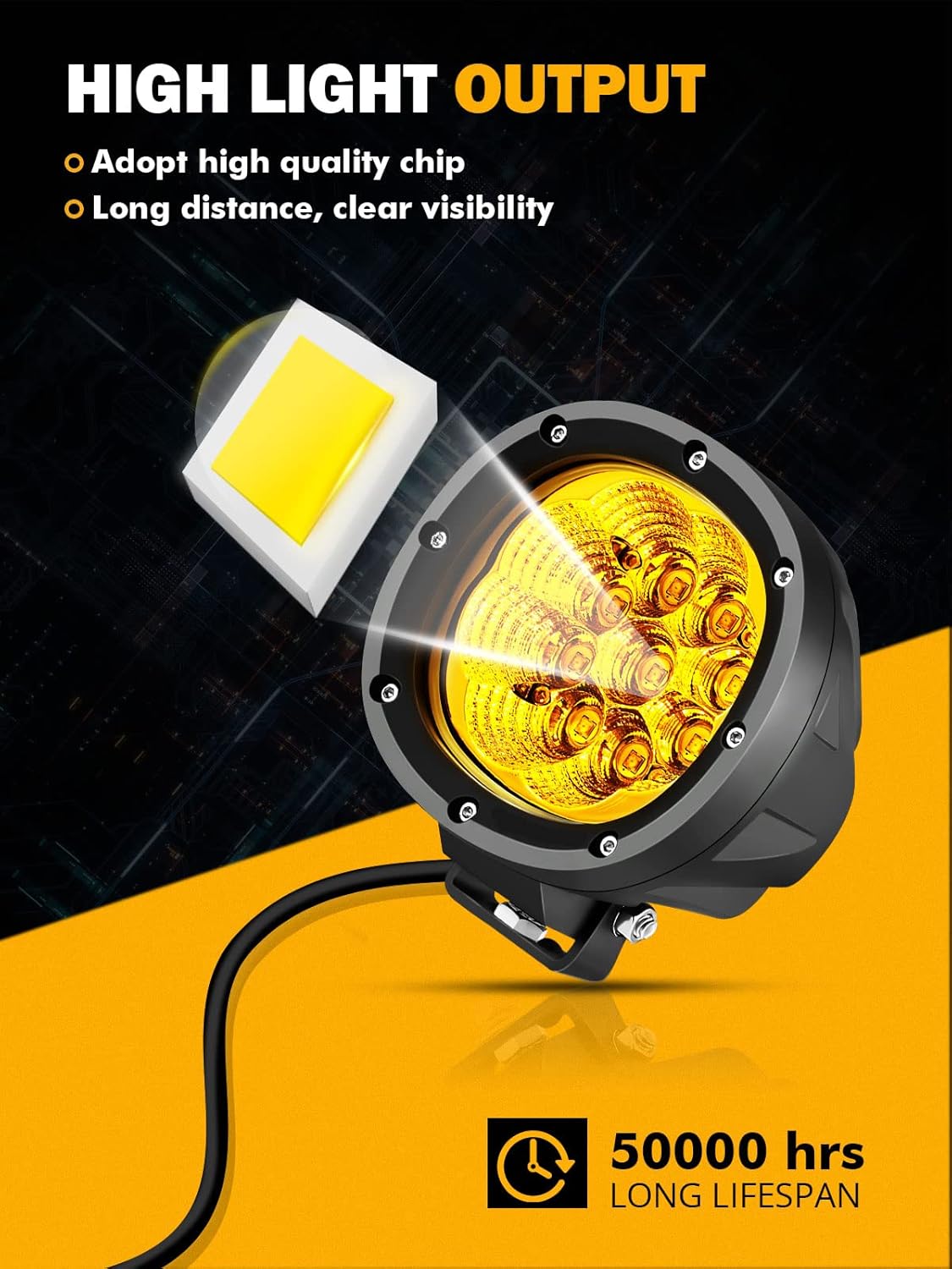 Auxbeam 4 Inch Amber Round LED Driving Light, 2PCS 90W 9000LM Yellow Fog Pods Light Bar Off-Road Flood Work Energy-Efficient Lights with DT Plug Wiring Harness Kit for Truck Jeep Pickup ATV UTV SUV