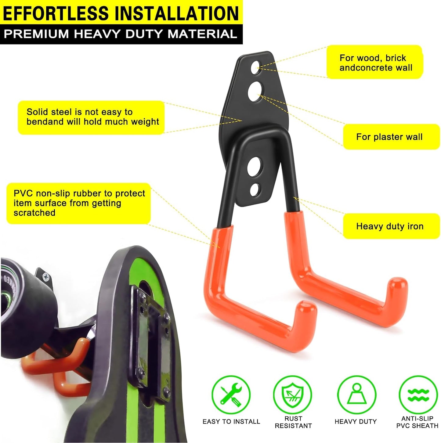 2 Pack Heavy Duty Garage Hooks Storage Organizer Wall Mount Power and Garden Tool Hangers, for Hanging Ladders, Ropes, Hose, Bulk Items