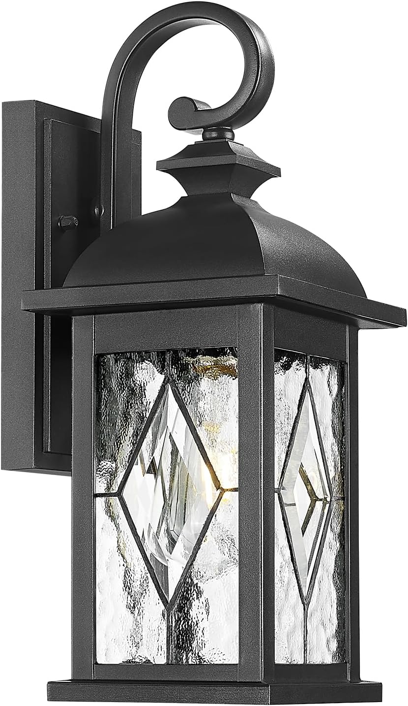 FEMILA Outdoor Wall Light Fixture,1-Light Exterior Waterproof Wall Sconce, Front Porch Lights, Matte Black Finish with Water Ripple Glass,E26 Socket, 4FD54B BK-SD