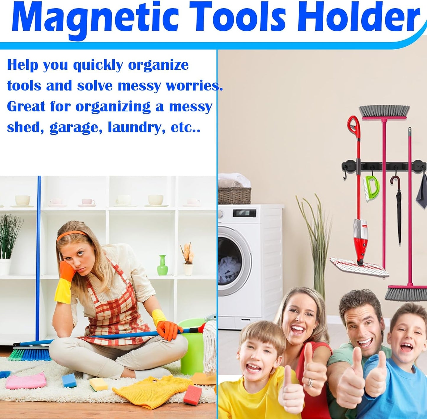 Strong Magnetic Mop Broom Holder, 1 Set Heavy Duty Magnetic Mop Hanger with 4 Hooks, Magnet Tool Hanger Wall Mount Storage Rack Organize System for Refrigerators Workshop Laundry Garage Kitchen