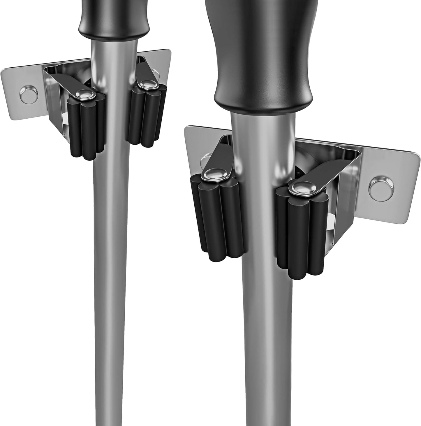 Self Adhesive Broom and Mop Holder Wall Mounted – SUS304 Stainless Steel 2-Slot Organizer with Anti-Slip Rubber Grips, 25lb Load, Adjustable for 0.6–1.4" Handles, Garage Kitchen Bathroom Use, 6 Pcs