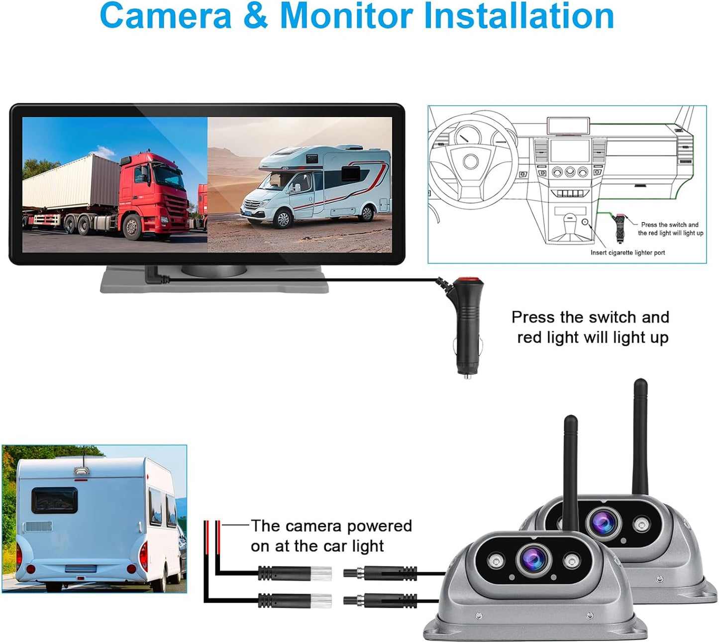 RV Wireless Backup Cameras with 10.26 inch Touch Monitor for Car Truck Trailer Bus Camper Motorhome, DVR Video Recording, Infrared Night Vision, Two Rear Side Wide View Back Up Camera Split Screen