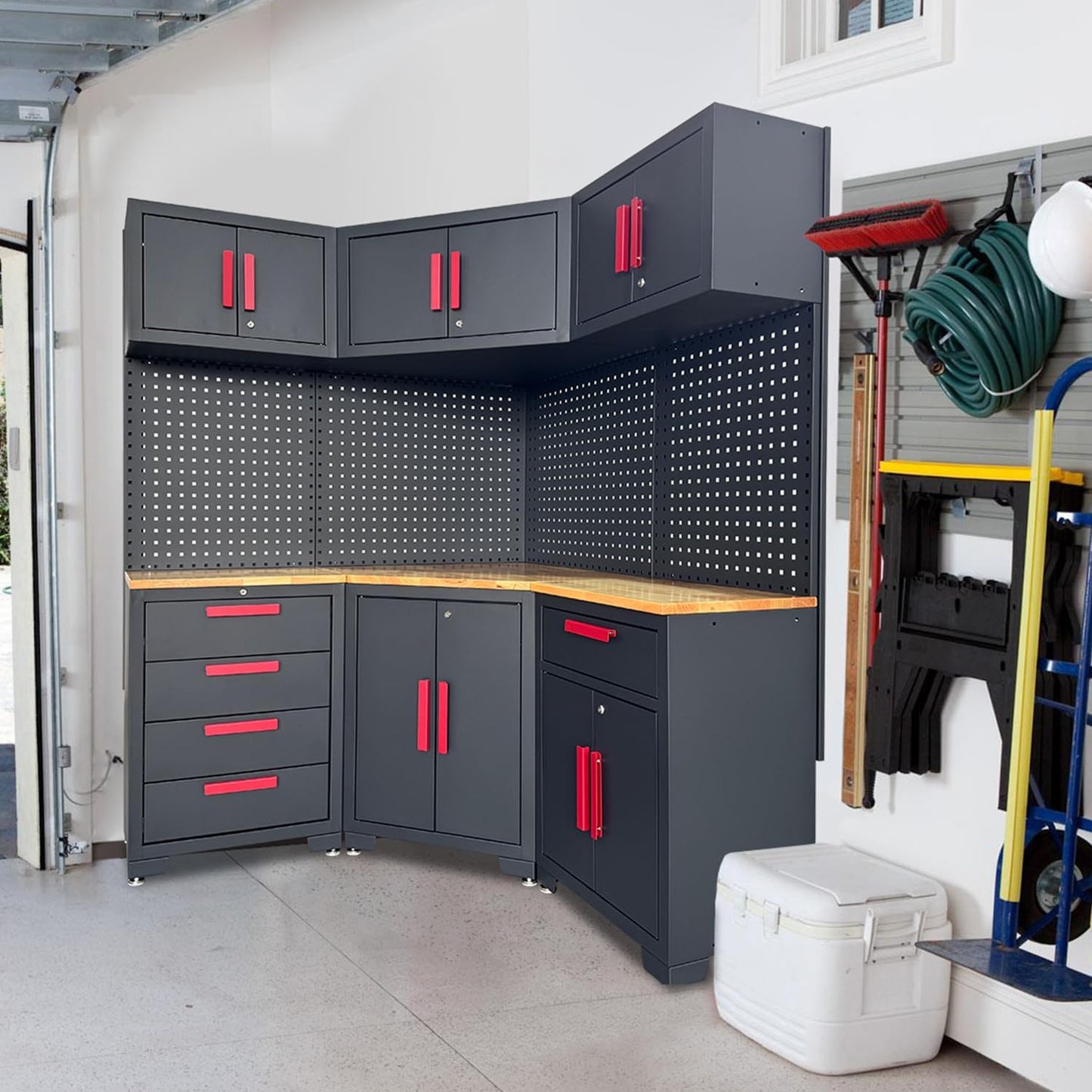 Red Garage Cabinet Storage System 10-Pcs Corner Workshop Set Garage Cabinet and Storage System for Tool Organization