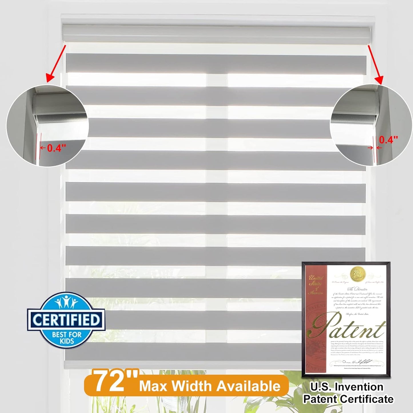 Persilux Zebra Shades Free Stop Roller Shades for Windows (45" W x 72" H, Grey) Cordless Dual Layer Window Treatments Room Darkening Roller Blinds for Home, Office, Kitchen…